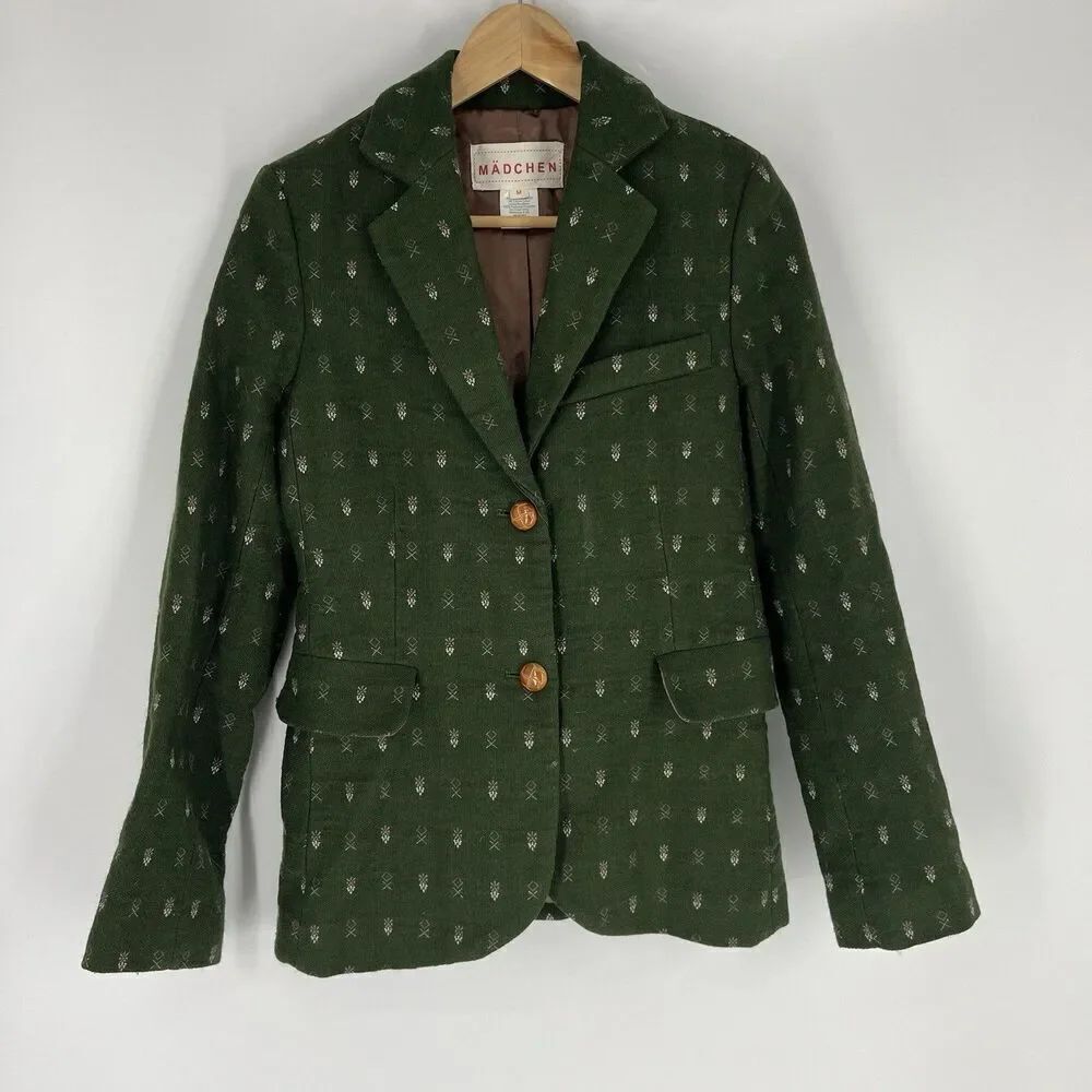 Anthropologie Madchen Blazer Medium Green Leather Button Fisherman Academia Wool
